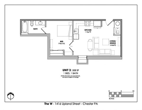 Floor plan for 1 bed, 1 bath, 508 sqft